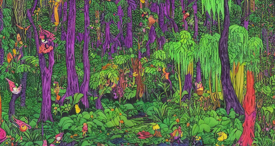 Image similar to A dense and dark enchanted forest with a swamp, by Lisa Frank,