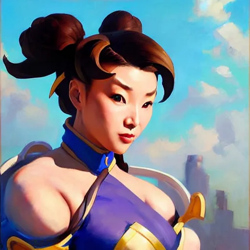 Image similar to Greg Manchess portrait painting of Chun-Li as Overwatch character, medium shot, asymmetrical, profile picture, Organic Painting, sunny day, Matte Painting, bold shapes, hard edges, street art, trending on artstation, by Huang Guangjian and Gil Elvgren and Sachin Teng