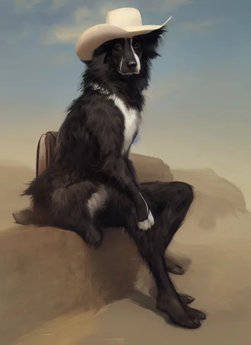 Image similar to wide angle beautiful full body portrait of a strong male anthropomorphic anthro border collie fursona in cowboy hat sitting on a curb, character design by charlie bowater, henry asencio, and ross tran, disney, detailed, sharp focus, matte, aesthetic, trending on artstation, furaffinity, deviantart