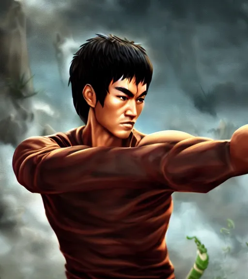 Prompt: an epic fantasy comic book style portrait painting of bruce lee, studio ghibli, no red colour, unreal 5, daz, hyperrealistic, octane render, cosplay, rpg portrait, dynamic lighting, intricate detail, harvest fall vibrancy, cinematic