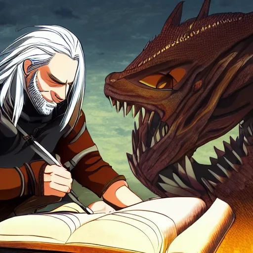 Image similar to well drawn illustartion of Anime geralt of rivia examining a sleeping dragon wide angle sharp fine details in the style of studio ghibli realistic shaded lighting