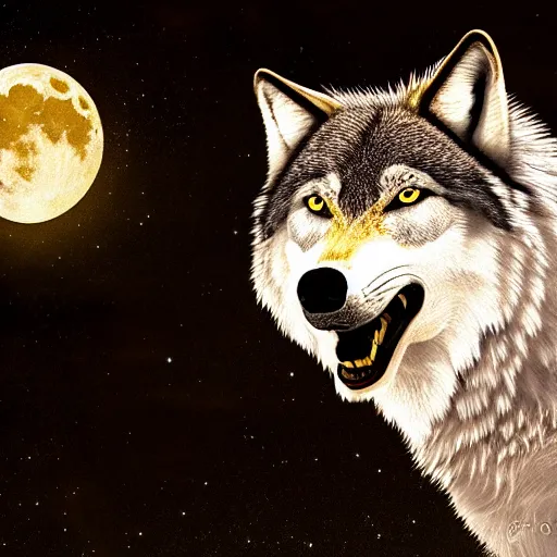 Prompt: close up portrait of a howling wolf in front of the full big moon, fantasy digital art, high definition, 8k, high details, high quality, golden and silver colors, glowing lights in the background