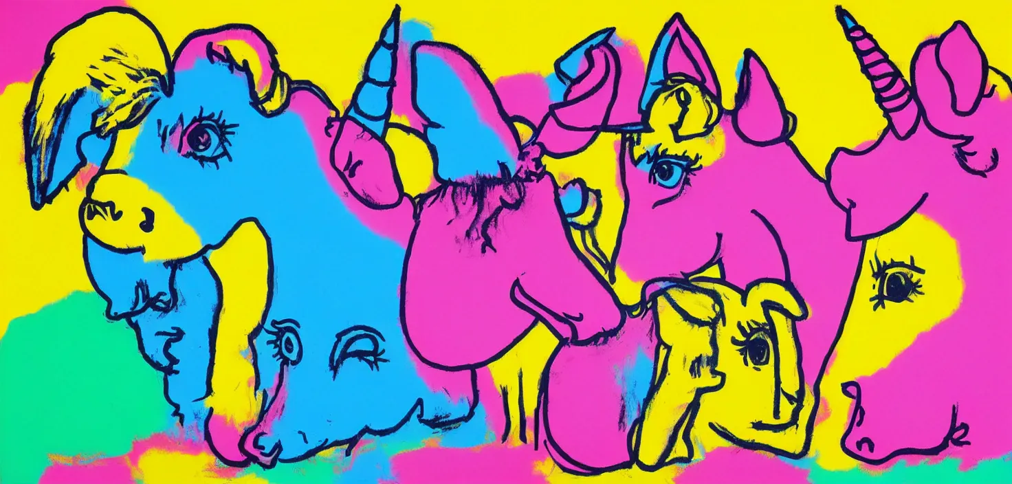 Image similar to a unicorn and a mouse on a sugar rush, colourful, bright, cheery, andy warhol, ralph goings