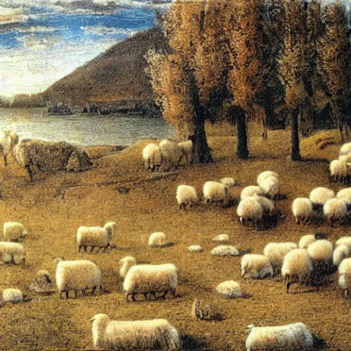 Image similar to a landscape with a sheeps in the style of segantini