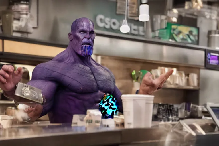 Image similar to a film still of thanos working as a starbucks barista in an upcoming movie, 4 k