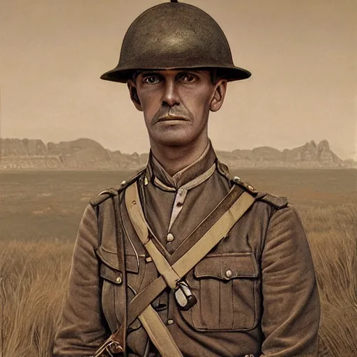 Image similar to a detailed photorealistic sepia - toned color portrait painting of a 1 9 1 7 worried clean - shaven british lieutenant in detailed field gear wearing a finely - detailed pith helmet in wadi rum, ultra realistic, intricate details, lovecraft, atmospheric, dark, horror, brooding, highly detailed, by clyde caldwell