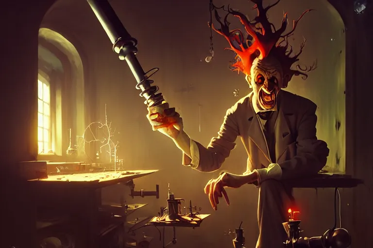 Image similar to mad scientist by otto dix and greg rutkowski and andreas rocha, cinematic lighting, highly detailed, warm colours, 4 k