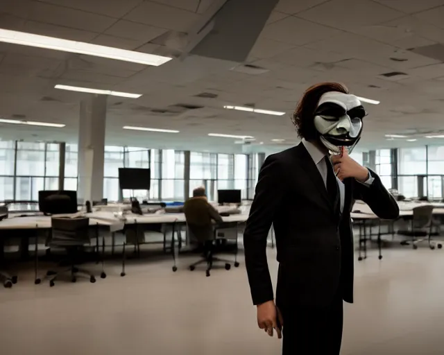 Image similar to man wearing guy fawkes mask doing science in large corporate laboratory, photo, cinematic lighting