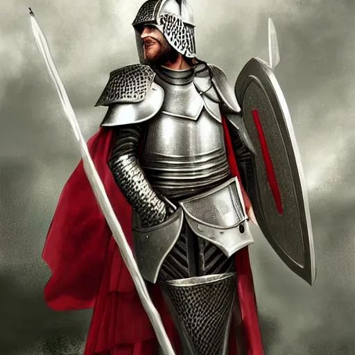 Image similar to man in decorated crusader armor and white cape with big red cross on it digital art realistic high detail