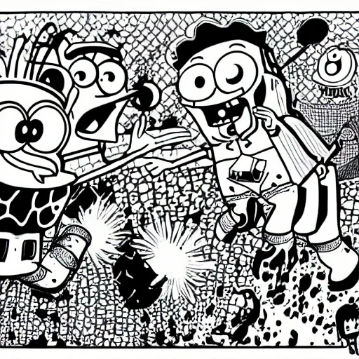 Prompt: SpongeBob, junji ito manga,black and white, Digital art