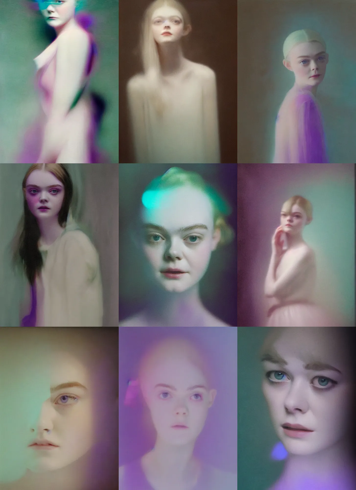 Prompt: out of focus photorealistic portrait of elle fanning by sarah moon, very blurry, translucent white skin, closed eyes, foggy, violet and aqua neon lights