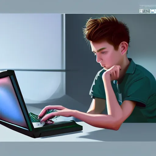 Image similar to realistic teenager using laptop in super tech room, artstation trends, concept art, highly detailed, intricate, sharp focus, digital art, 8 k