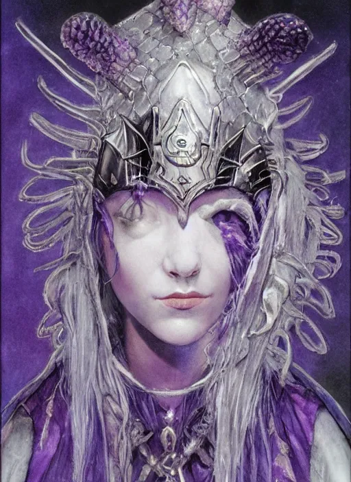 Image similar to portrait of young female prophetess of the endtimes, transluscent skin, silver filigreed armor, lavender hair, beautiful! coherent! dungeons and dragons character, by brian froud, strong line, cool night color, high contrast