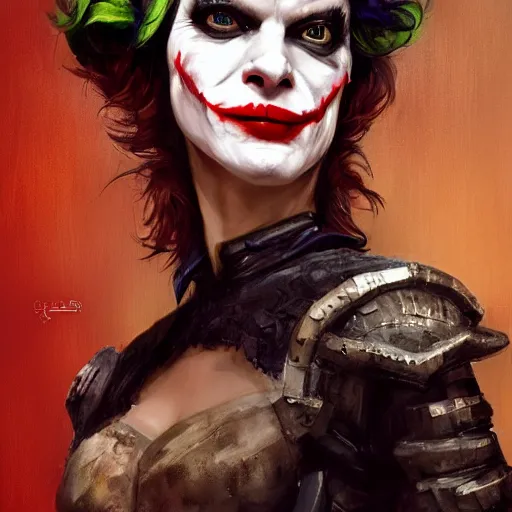 Image similar to joker as an attractive young smiling woman played by milla jovovich wearing a mushroom crown and heavy armoured wedding dress, face portrait, hd shot, digital portrait, elegant, beautiful, fantasy art, artstation, comic style, by artgerm, guy denning, jakub rozalski, magali villeneuve and charlie bowater