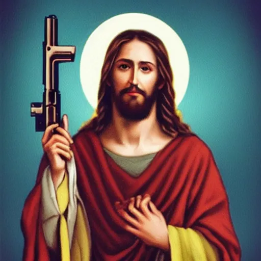 Image similar to jesus christ holding 2 guns