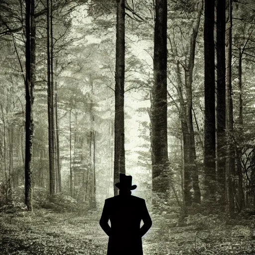 Prompt: shadowy man wearing a trenchcoat and a fedora in a liminal forest, uneasy feeling