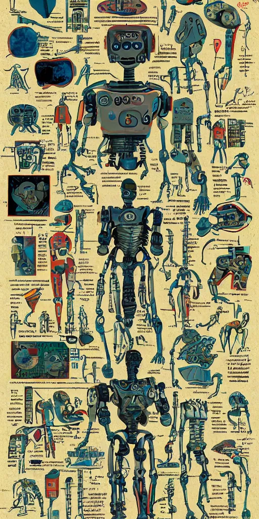 Prompt: anatomy of the terminator, robot, cyborg, t100, diagrams, map, marginalia, sketchbook, old script, inhabited initials, pastel infographic by Wes Anderson and victo ngai