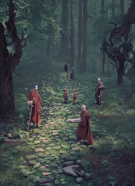 Prompt: Monk, Bard, Wizard and Cleric walking on a dark trail in forest, intricate artwork by Tooth Wu and wlop and beeple. octane render, hyper realism, 8k