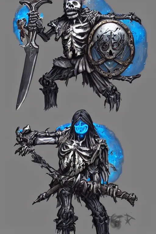 Image similar to a shambling skeleton holding a chipped sword and damaged shield with glowing blue eyes standing in a graveyard, concept art by senior character artist, featured on artstation, shock art, apocalypse art, concept art