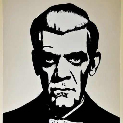 Image similar to boris karloff silk screen portrait by andy warhol, butcher billy style