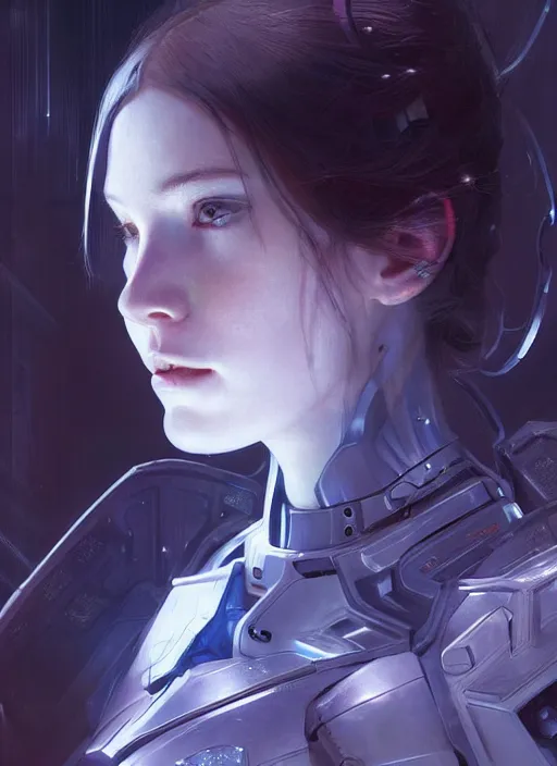 Prompt: close up pale woman in sci - fi bionic armor, looking at the camera very intensely, stoic, sparkling eyes, extremely beautiful and aesthetic and attractive detailed face and body, intricate, chiaroscuro, model pose, fantasy illustrations, light novel cover art, by makoto shinkai and jeremy lipking and ferdinand knab