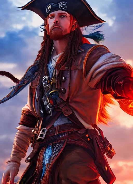Prompt: an epic fantasy comic book style portrait painting of a long haired, red headed male sky - pirate in front of an airship, unreal 5, daz, hyperrealistic, octane render, cosplay, rpg portrait, dynamic lighting, in the style of final fantasy