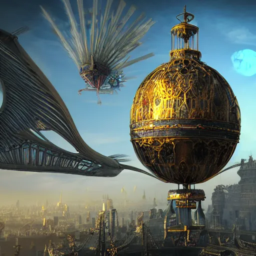 Image similar to enormous flying steampunk city in a faberge egg, sky, fantasy art, unreal engine,