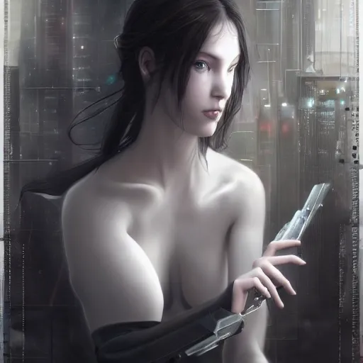 Prompt: By Tom Bagshaw, ultra realist soft painting of an attractive cyberpunk anime female fully bodysuit armored, with thin lustrous long hair floating, photorealistic eyes render, looking at camera, curiosities carnival, symmetry accurate features, very intricate details, focus, dark fantasy background, black and white, curvy