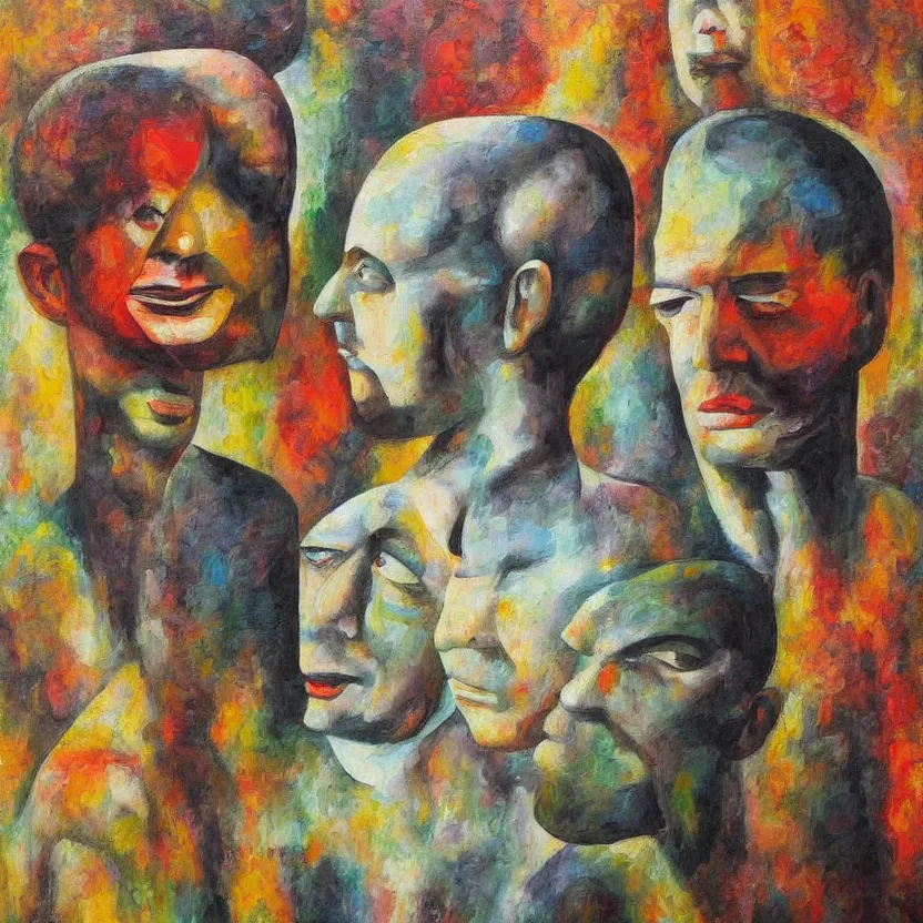 Prompt: highly strange recursive painting of wondering faces looking at each other detailed and highly reliefed oil painting with canvas texture in style of Magritte, Sascha Schneider, Giorgio de Chirico, Pollock photorealistic, surrealistic, masterpiece, balanced composition, natural colors