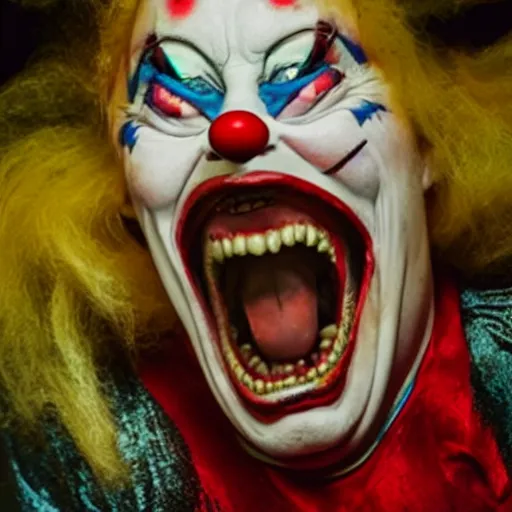 Image similar to photo of a scary clown screaming at the camera