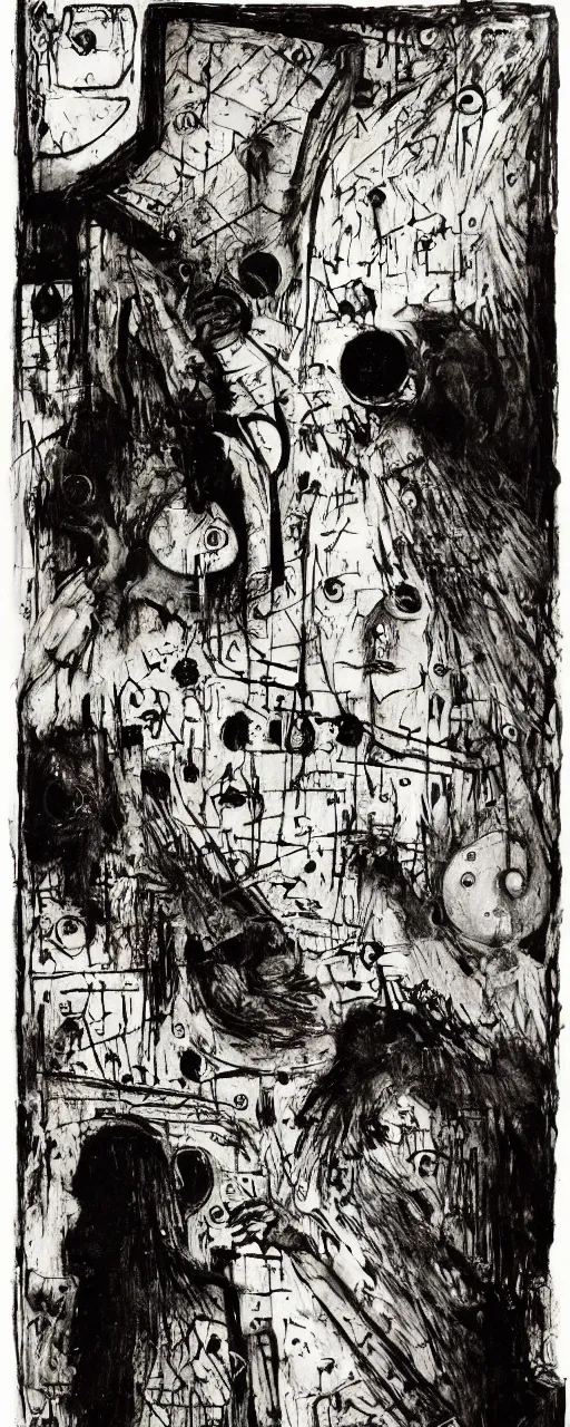 Image similar to searching for the keyhole, by bernard buffet and stephen gammell and emil nolde, 8 k, trending on artstation