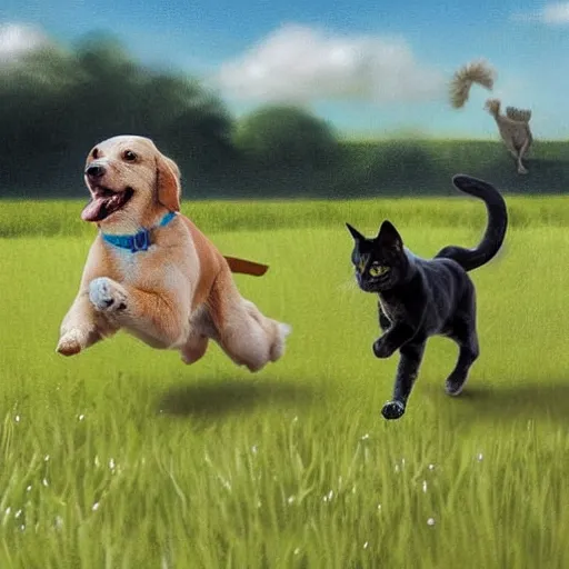 Prompt: Dog chasing a cat in a field, highly detailed