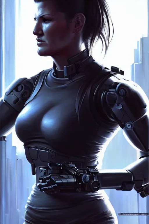 Image similar to gina carano with robotic left arm, casual black clothing, muscular, realistic proportions, casual pose, large portrait, cyberpunk, shadowrun, rpg character, digital painting, artstation, concept art, smooth, 8 k frostbite 3 engine, ultra detailed, art by artgerm and greg rutkowski and magali villeneuve