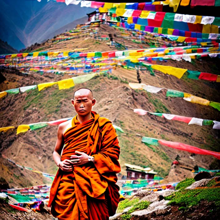 Prompt: portrait fashion editorial of buddhist monk, nepal monastery, mountain, landscape, prayer flags, vibrant colors, photography, very beautiful, highly detailed, intricate