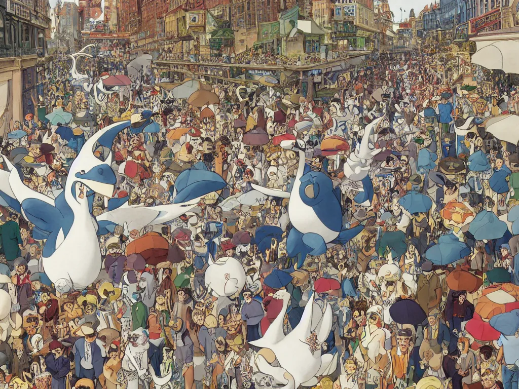 Prompt: a big lugia pokemon walking among people in open door market, detailed, high quality, high resolution, color illustration by Winsor McCay little nemo