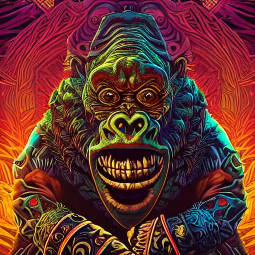 Image similar to barong family member, wiwek, mara demon, one single tribe member, jungle, one single mask, dark, ancient warrior, gorilla, lizard, tribal, inner glow, art by dan mumford and justin gerard