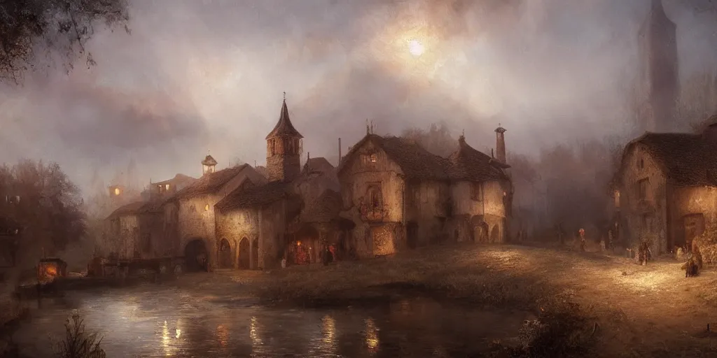 Image similar to Highly detailed and cinematic Romantic period oil painting of a medieval village, fog, volumetric lighting, an oil painting ((masterpiece)) by ((Josep Tapiró Baró)), dynamic lighting, 8K