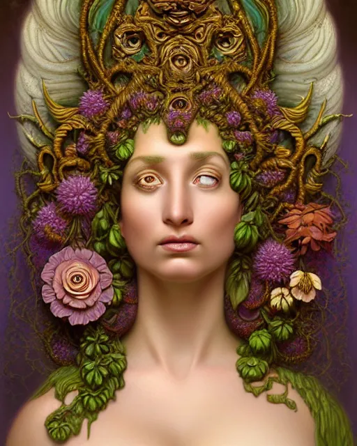 Image similar to portrait of the goddess of flourish and decay, unusual beauty, flowers and plants, emotionally evoking symbolic metaphors, head in focus, fantasy, ornamental, intricate, elegant, sensual, highly detailed digital painting, artstation, concept art, painterly, golden ratio, sharp focus, illustration, art by John William Godward and Boris Vallejo and Zdzisław Beksiński,