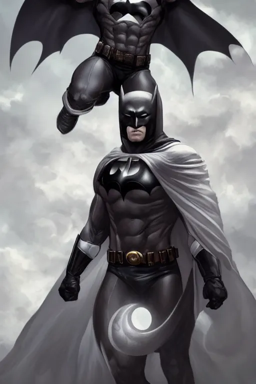 Image similar to characters portrait of MoonKnight mixed with Batman by ArtGerm and Tom Bagshaw, merged character, Full body shot, cinematic opening shot, 4k, highly detailed, cinematic lighting