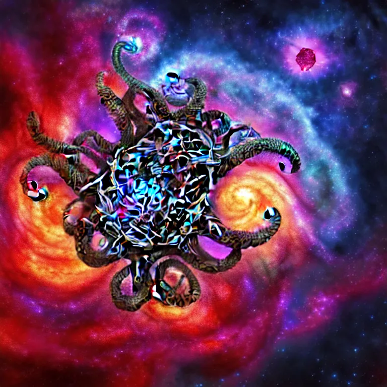 Image similar to a dramatic and beautiful digital matte painting of large space octopus with legs made of fractal celtic knots floating in front of beautiful nebulae, trending on cgartist, hi-fructose, mandala, ultra detailed 8k