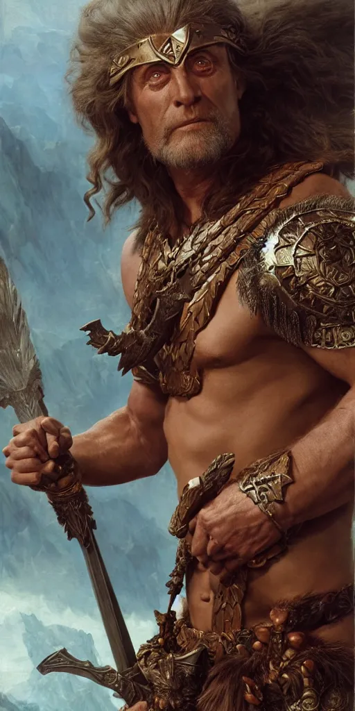 Image similar to kirk douglas as a barbarian, with a beautiful fantasy maiden, dungeons and dragons, masterpiece by edgar maxence and ross tran and michael whelan, gustav dore, 8 k, octane render