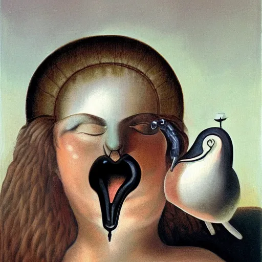 Prompt: A surrealist painting of a woman's head with a birdcage for a mouth