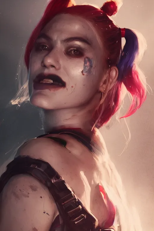 Image similar to a portrait of Harley Quinn by Greg Rutkowski, Sung Choi, Mitchell Mohrhauser, Maciej Kuciara, Johnson Ting, Maxim Verehin, Peter Konig, final fantasy , mythical, 8k photorealistic, cinematic lighting, HD, high details, atmospheric,