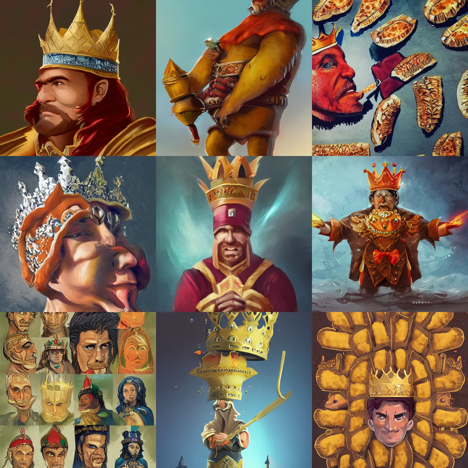 Prompt: empanada king, head of empanada, crowned, crown, scepter, artstation, fantasy art, low-angle, menacing, glory, glorious, mighty, noble, regal