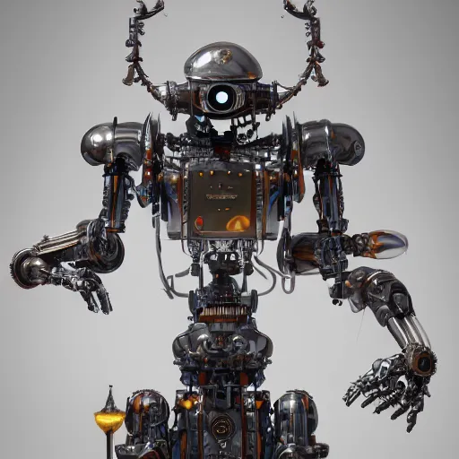 Image similar to robot using modular synth, bypeter mohrbacher and chris myer, intricate detail, finely detailed, small details, extra detail, photorealistic, high resolution, vray, hdr, hyper detailed, insane details, intricate, elite, ornate, elegant, luxury, dramatic lighting, octane render, weta digital, micro details, 3 d sculpture