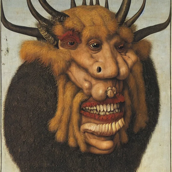 Image similar to close up portrait of an overdressed mutant monster creature with snout, horns, insect wings, unibrow, piercing eyes, toxic smile. jan van eyck, audubon