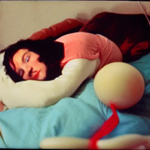 Image similar to woman who has given birth to a squishy inflatable toy, in hospital bed, French film, archival footage, technicolor film expired film, 16mm