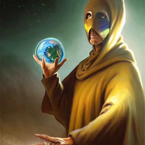 Image similar to masked nomad male wearing a cloak on an alien world and holding a holographic planet projection in his hand, detailed, sci - fi, digital painting, artstation, sharp focus, illustration, ominous, artgerm, tomasz alen kopera, peter mohrbacher, donato giancola, joseph christian leyendecker, wlop, frank frazetta