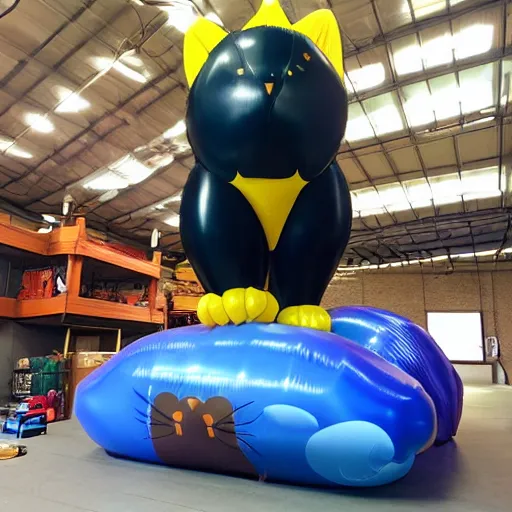 Image similar to inflating a balloon in the shape of a cat, growing cat balloon, big rubber cat, giant inflated cat