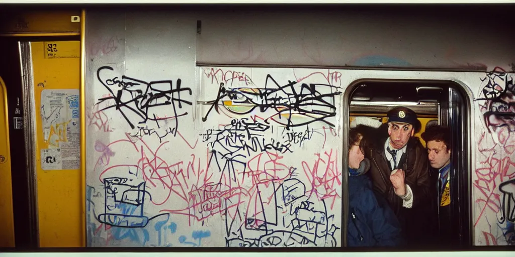 Image similar to new york subway cabin 1 9 8 0 s inside all in graffiti, policeman closeup, coloured film photography, christopher morris photography, bruce davidson photography